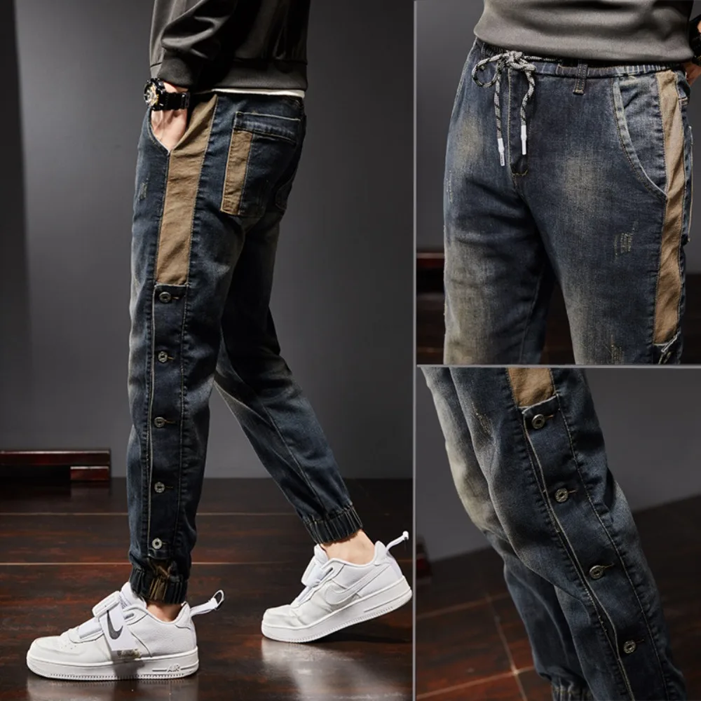 2024 New Men's Korean Fashion Jeans Pants Stretch Slim Drawstring Casual Jogging Denim Trousers Hip Hop Street Wear y2k Jeans