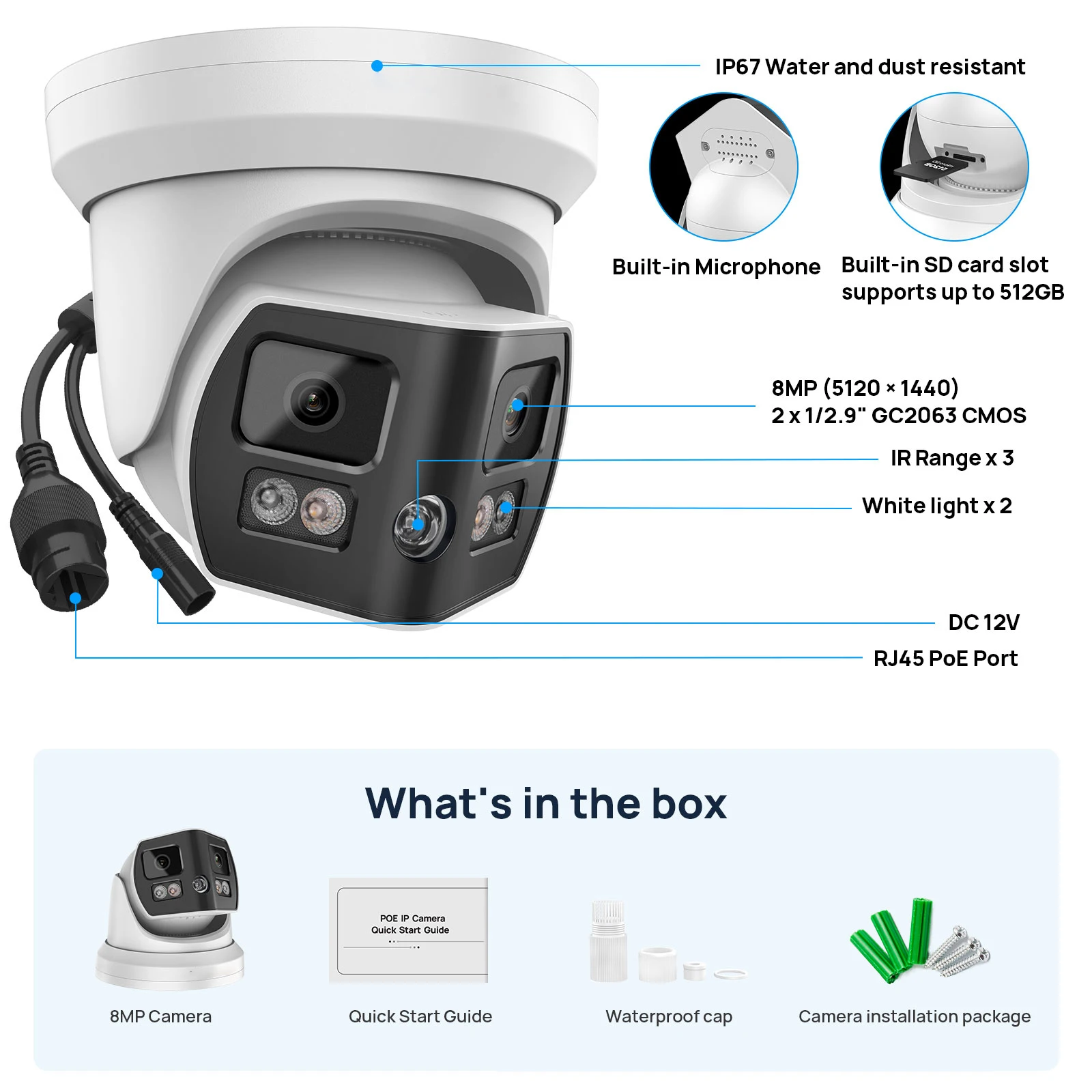 Hikvision Compatible 4K 8MP 2 Lens 180° Panoramic IP Camera Two Way Audio MD2.0 Alarm Outdoor Video Surveillance Security Camera