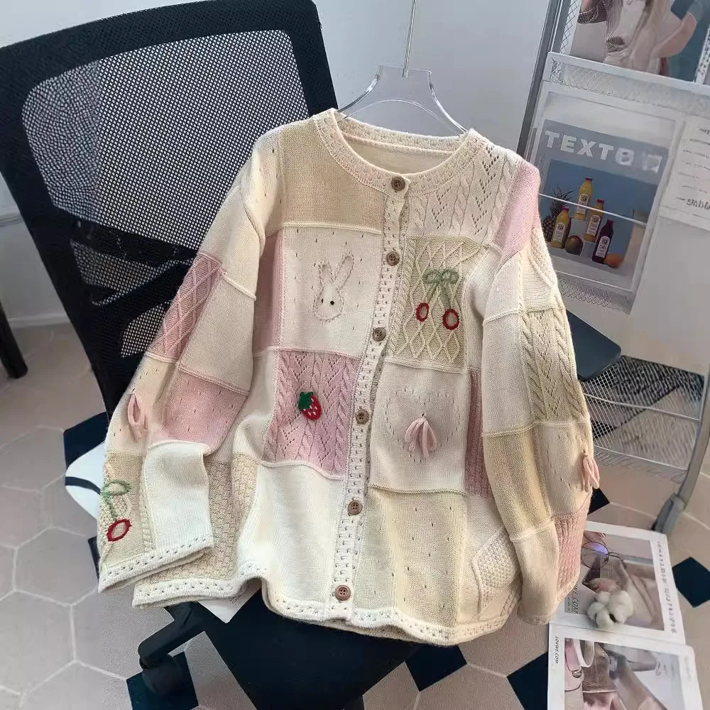 

Japanese sweet cardigans embroidered cardigan sweater female coat design contrast color loose lazy spring and autumn 2024 new