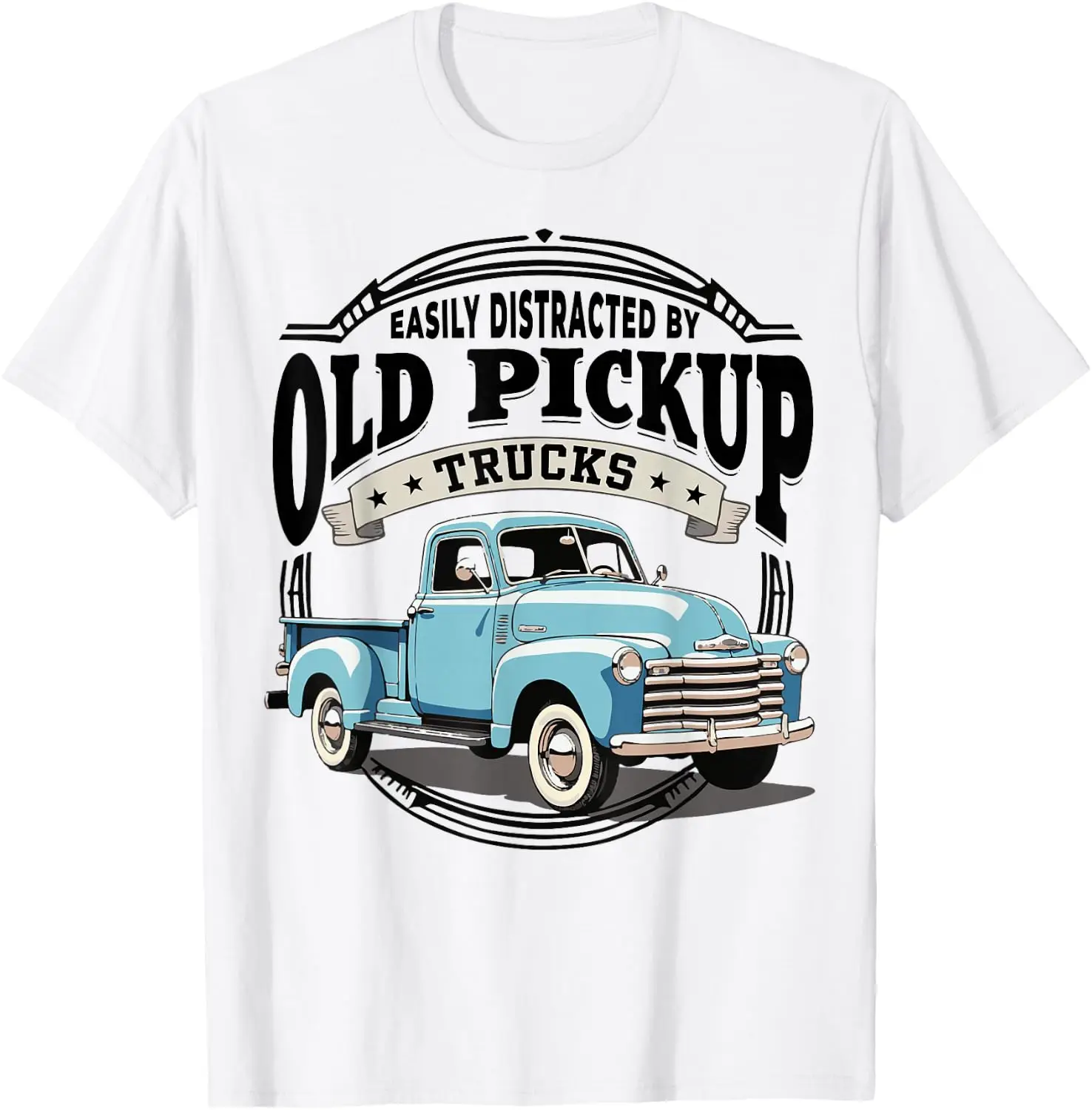 Easily Distracted By Old Pickup Trucks Funny Vintage Truck T-Shirt 100% Cotton Trendy Y2K Short-Sleeve Tee-Soft, Quick-Drying,