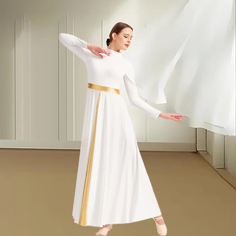 Robe de danse d'éloge à col haut pour femmes, ceinture métallique, longue balançoire, culte liturgique, Robe d'église, vêtements de danse lyrique