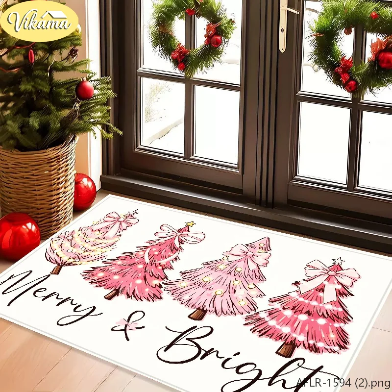 Cardinal & Plaid Christmas Flannel Snow Scene Door Mat, Non-Slip Washable Xmas Area Rug for Entryway Front Door Living Room