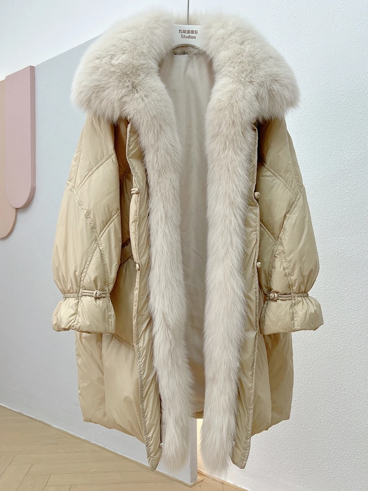 

Hot Sales Winter New For Women Parka overcome Fur Coat Style Silver Fox Fur Collar Mid-Length Warm White Goose Down Jacket