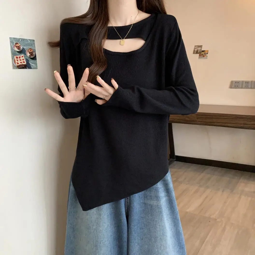 Sexy Hollow Sweet Sweater Women Pullover 2024 Autumn Winter Long Sleeve Round Neck Loose Elegant Fashion Jumper Knitwear Top