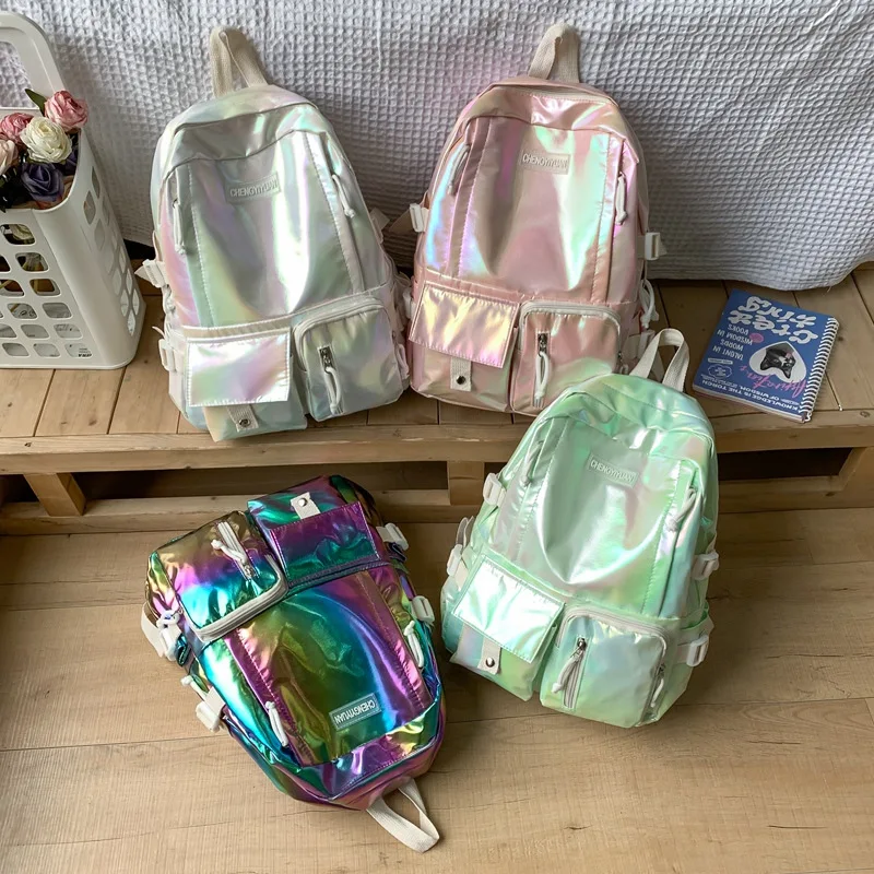 Ins Iridescent Holographic Backpack Multi Color Shiny Nylon Bag Sweet Cool Girls Daily Commute Large School Bag