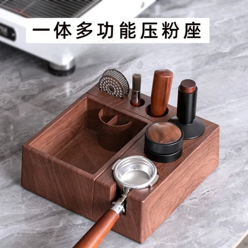 Multi Function ABS Wood Grain Espresso Tamping Station with Removable Knock Box Tamper Distributor Storage Rack