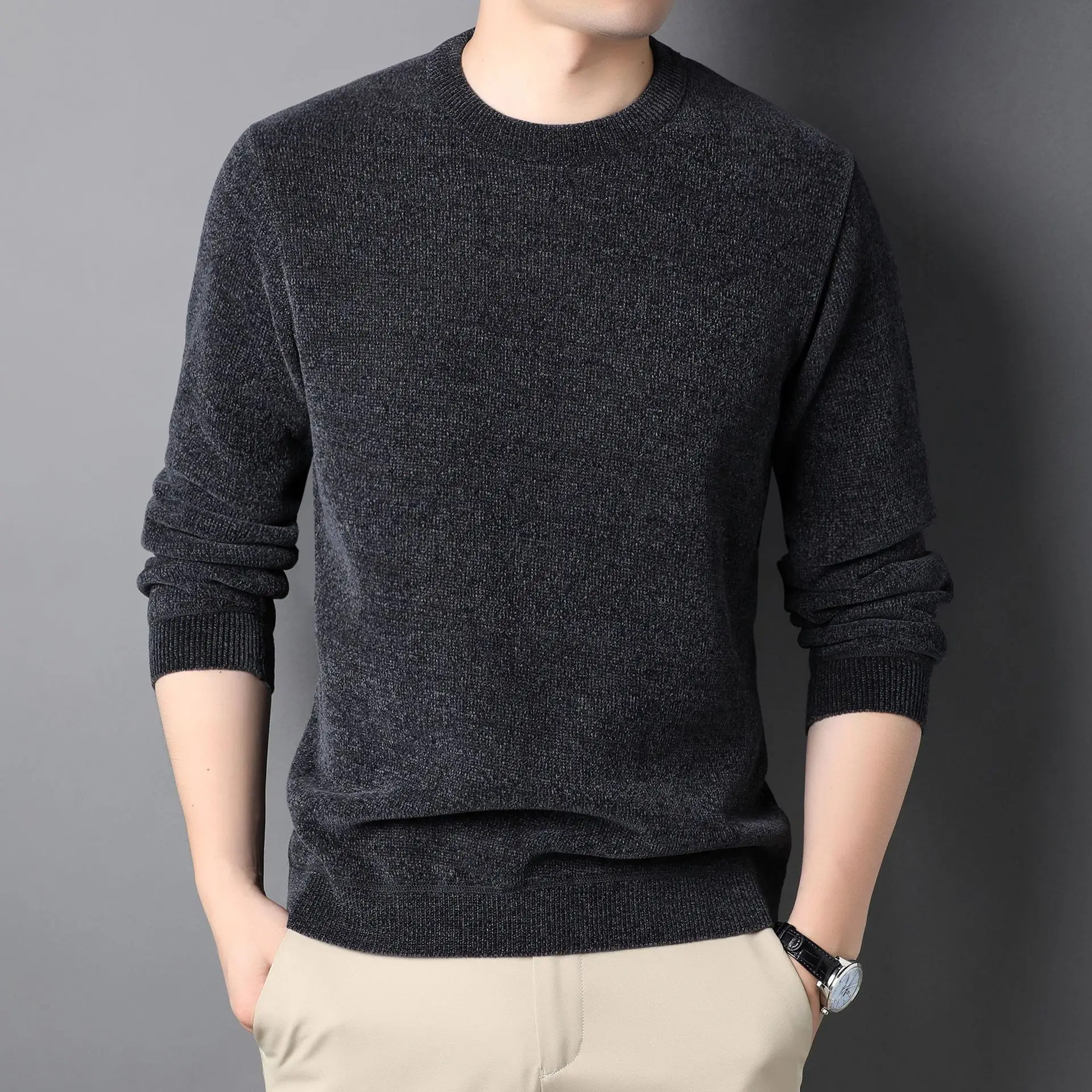 

Men's Fce Lined round Ne Knitwear Color Winter Base Layer irt Breathable hine Waable Polyester Blend Long S...