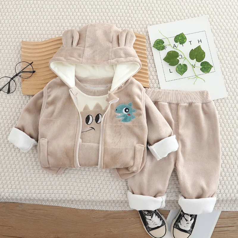 Toddler Boys 3Pcs Flannel Outfit Cute Dino Embroidery Ear Hooded Vest Long Sleeve Top Cuffed Warm Fall Daily Pants Suit