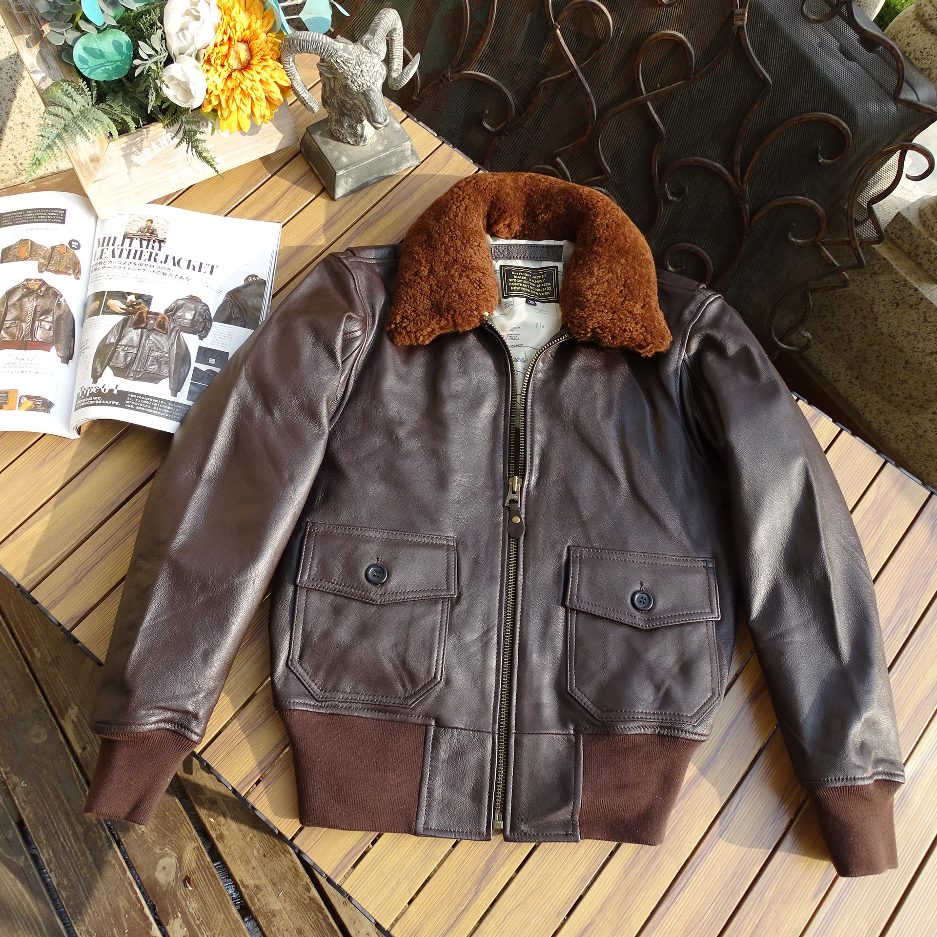 Men Spring Autumn Coat Genuine Goatskin Leather Jacket for Pilot Biker Couples\' Windbreaker Outerwear Military Style Brown XXXL