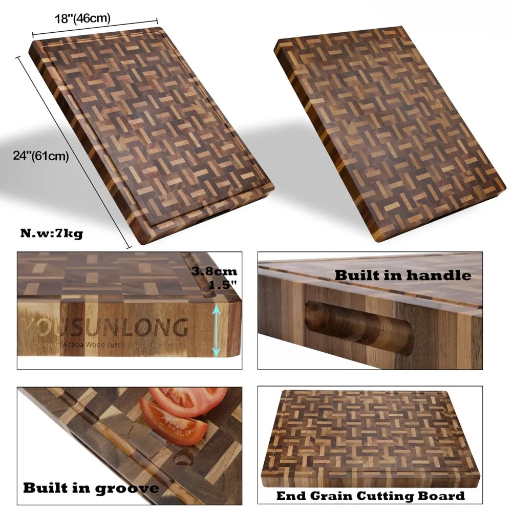 Cutting Board XXL Large End Grain Acacia Wood Mixed With Oak - 24x18x1.5 Inch - Reversible Butcher Chopping Board