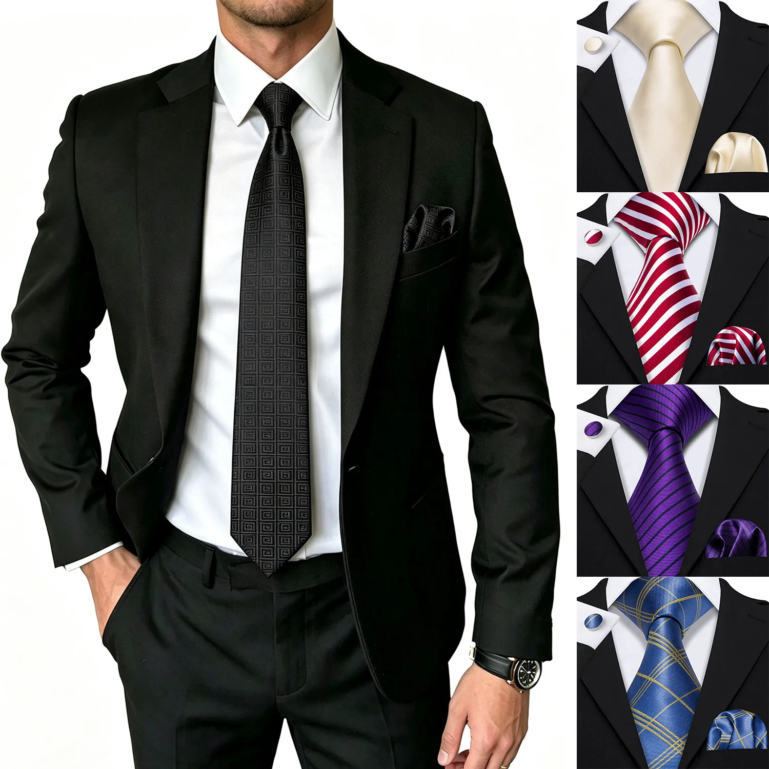 Geometric Striped Plaid Mens Tie Set 3 Piece, Tie Handkerchief Cufflinks For Business Office