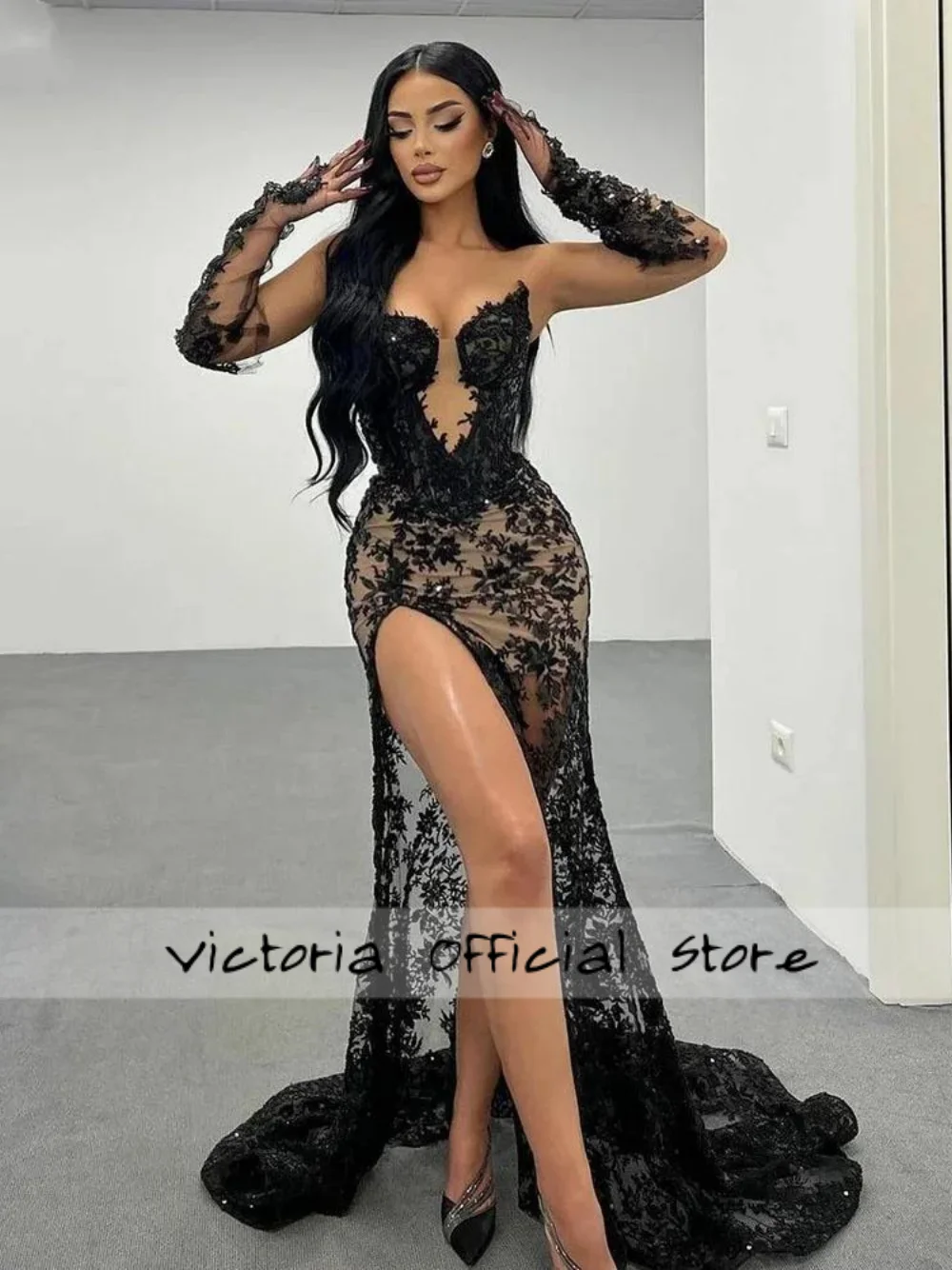 Vestido de noche de encaje negro con abertura alta y guantes, vestidos de novia Aline escalonados para Arabia Saudita, Dubai, فساتmavera25 personalizado