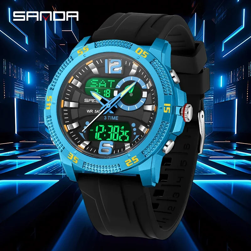 SANDA Fashion ساعات رجالية فاخرة مزدوجة شاشة ديجيتال رياضية تناظرية كوارتز ساعة يد كاجوال مقاومة للماء كرونوغراف من جل السيليكا