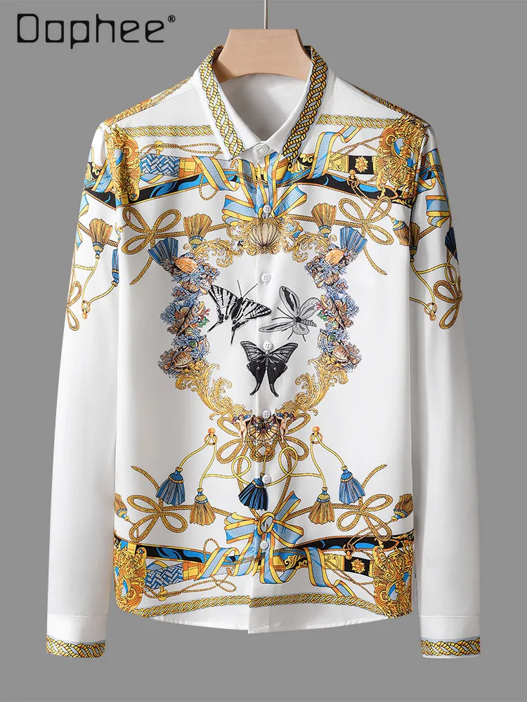 2026 Spring and Autumn New Men's Fashionable White and Black Bow Flower Print Turn-down Collar Long Sleeve Slim Fit Shirt