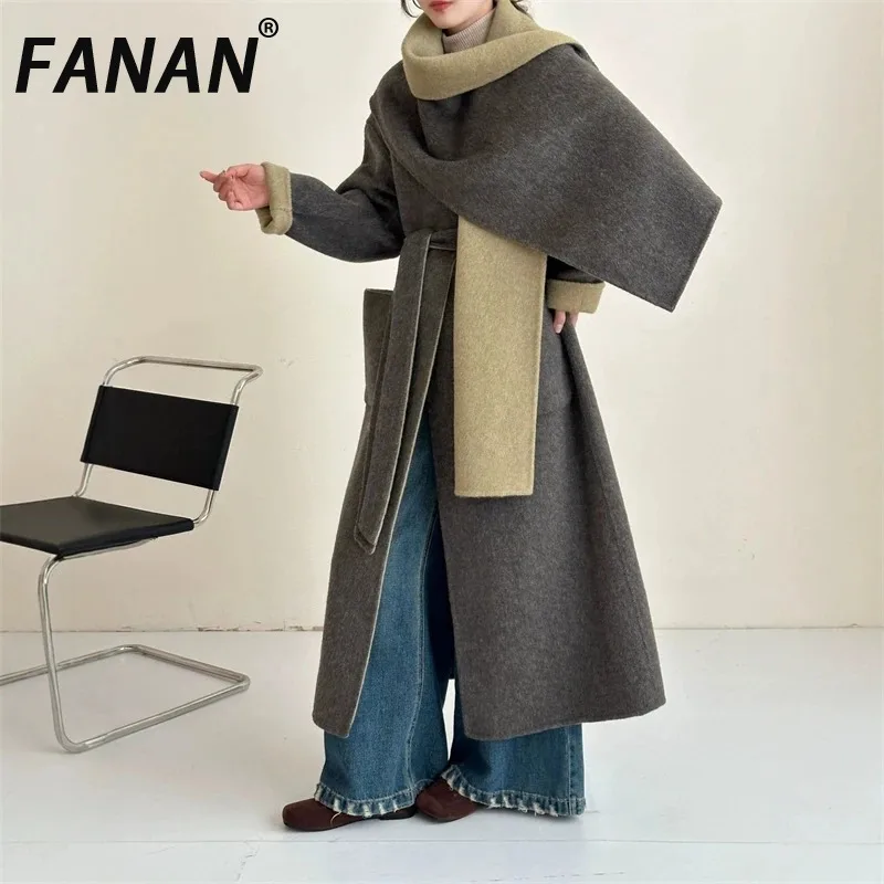 

FANAN цветной шарф с воротником, большим карманом и заниженными плечами, женское двустороннее шерстяное пальто, новое зимнее пальто нишевого дизайна