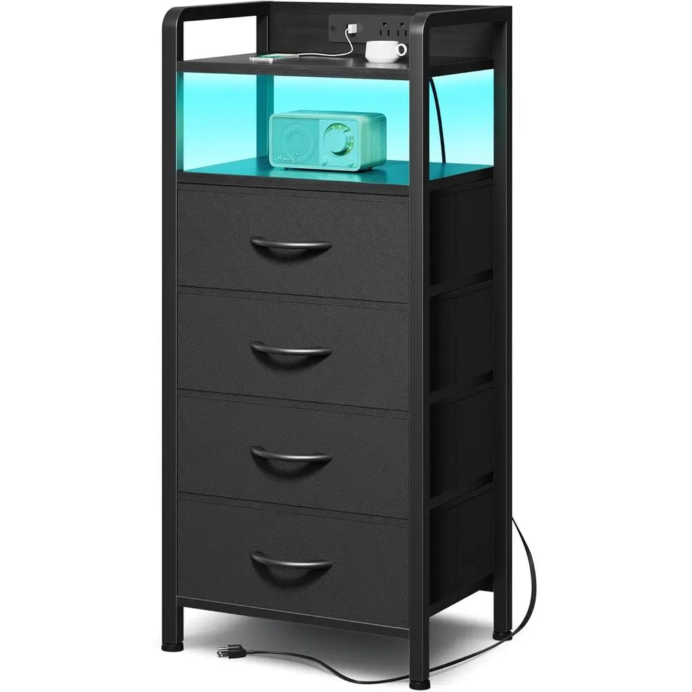 

Современная высокая прикроватная тумба с зарядкой, LED-подсветкой, полкой для хранения, 4 ящиками, 2 USB-портами и 2 розетками переменного тока