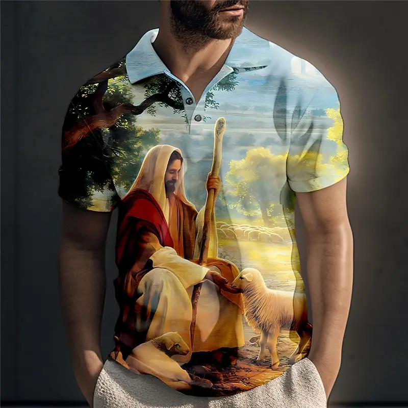 Retro Men's Polo Shirt Jesus Print Short Sleeve Button Up T-Shirt For Men Oversized Golf Sports Shirt Casual Male Clothing 2024