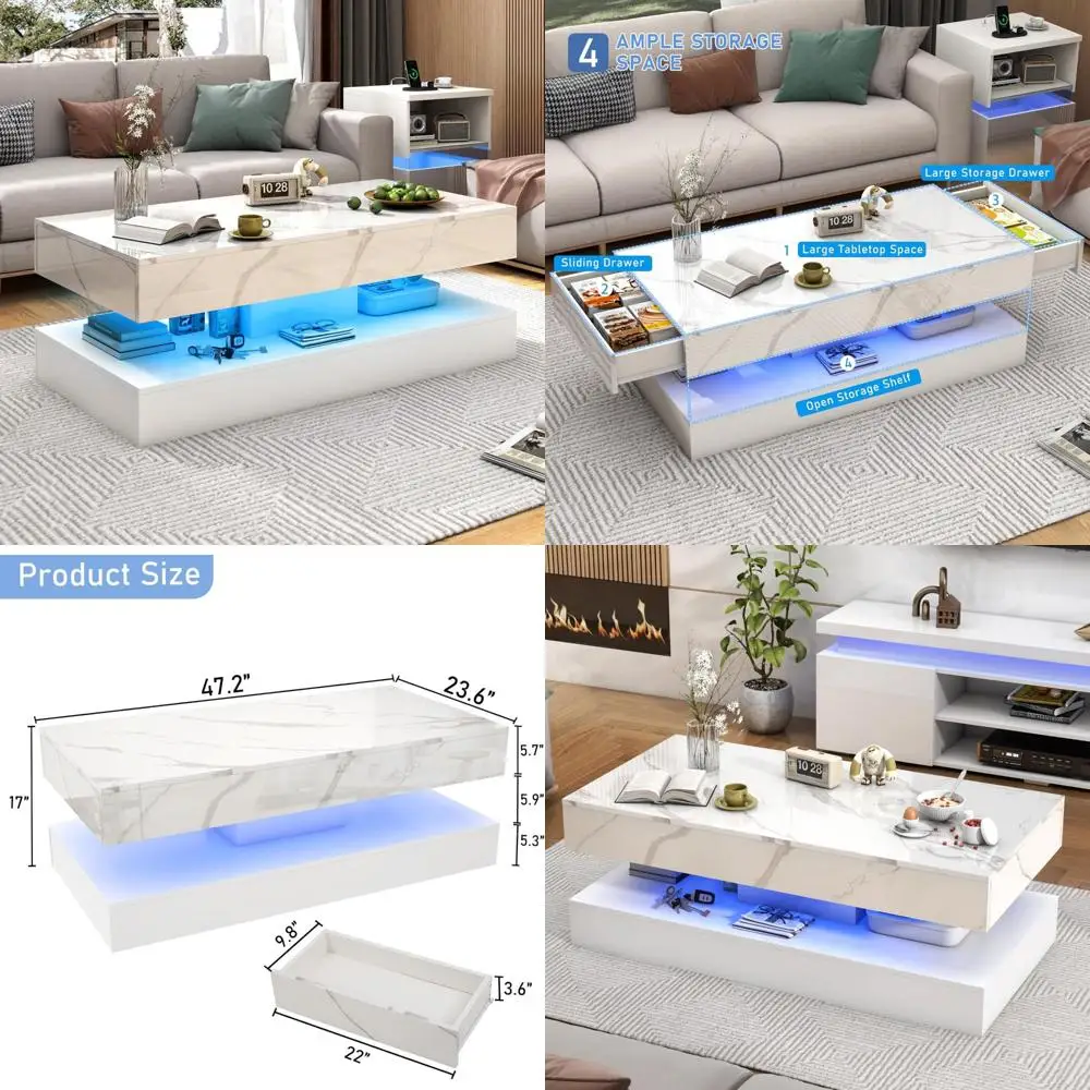 

Современный 47-дюймовый глянцевый светодиодный журнальный столик с выдвижными ящиками для хранения в гостиной, с дизайном мраморной печати