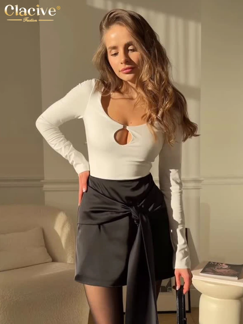 

Clacive Fashion Black Satin Women Skirt 2026 Spring High Waist Mini Skirts Elegant Classic Lace-Up Skirt Female Clothing Streetw