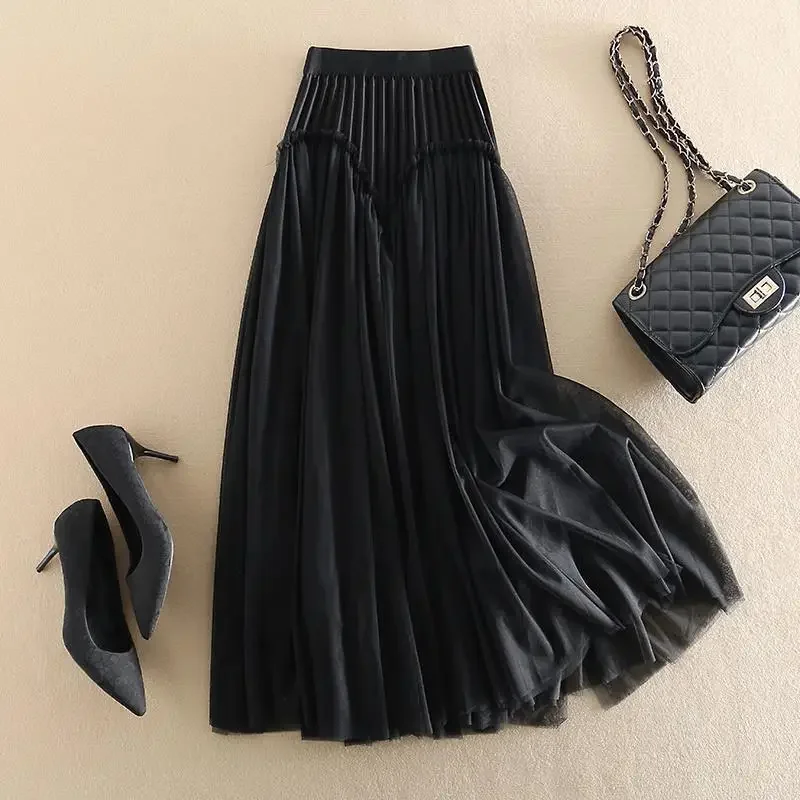 Women Spring Autumn Elegant Mesh Patchwork Pleated Midi Skirts Female Trendy Design High Waist A-line Skirt