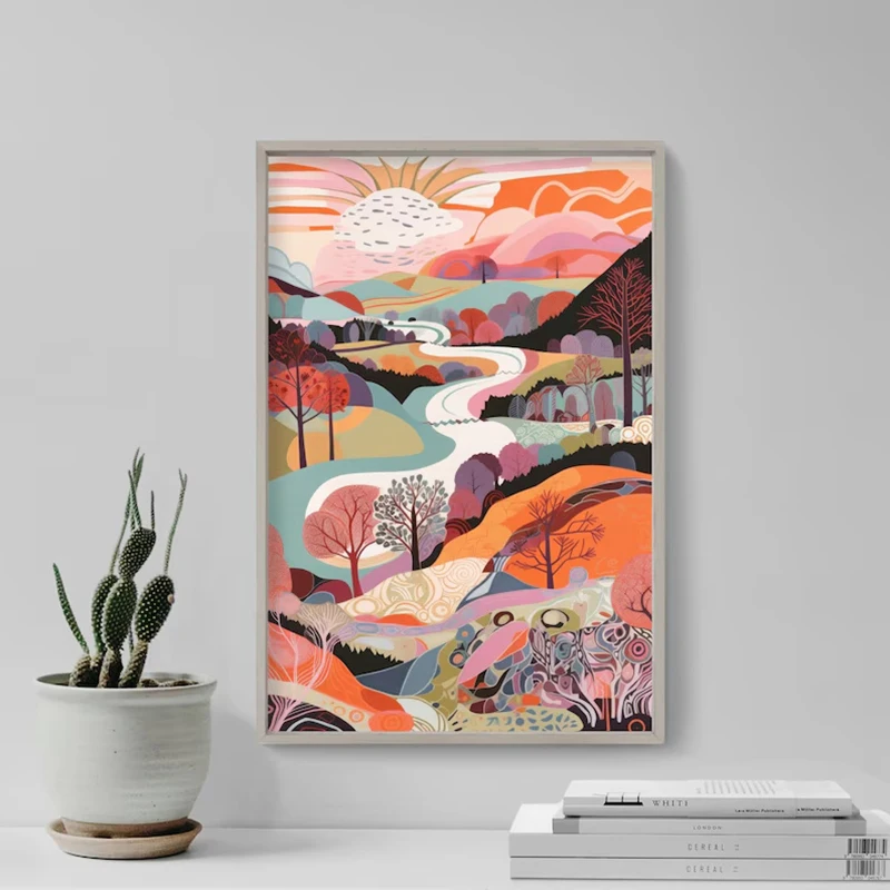 Pink Landscape Illustrations Canvas Print Posters Three Abstract Prints Wall Art Posters Wales Art Painting Living Room Decor