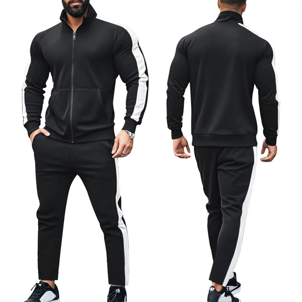 Men's Athletic Tracksuit Set White Stripes Design Zip Up Jacket and Elastic Waist Pants for Daily Wear Sport Training Gym