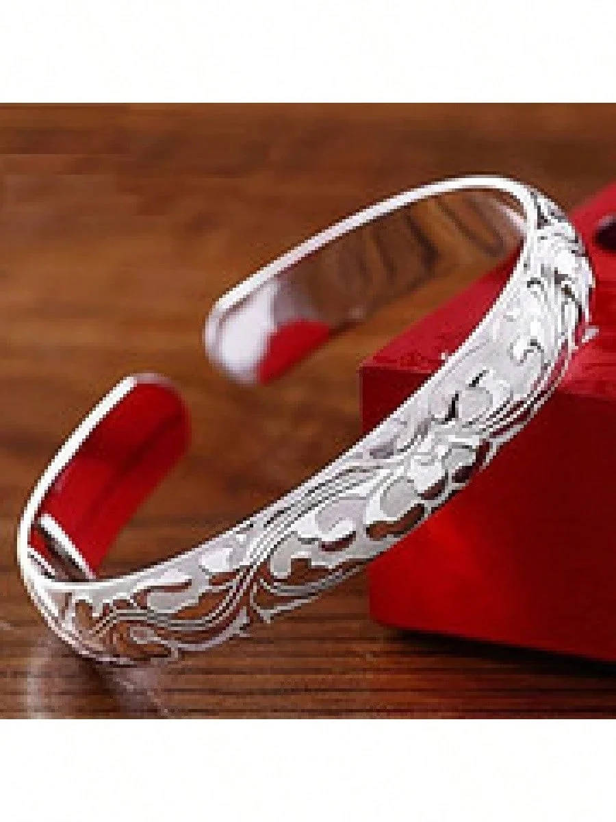 

Floral Sterling Silver Bracelet – 925 Silver Vintage Open Bangle, Romantic Jewelry Gift for Mom/Wife/Girlfriend