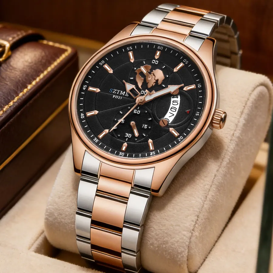 Business Simple Men's Steel Band Watch Calendar Map Casual Trend Scale Luxury Men's Quartz Watch