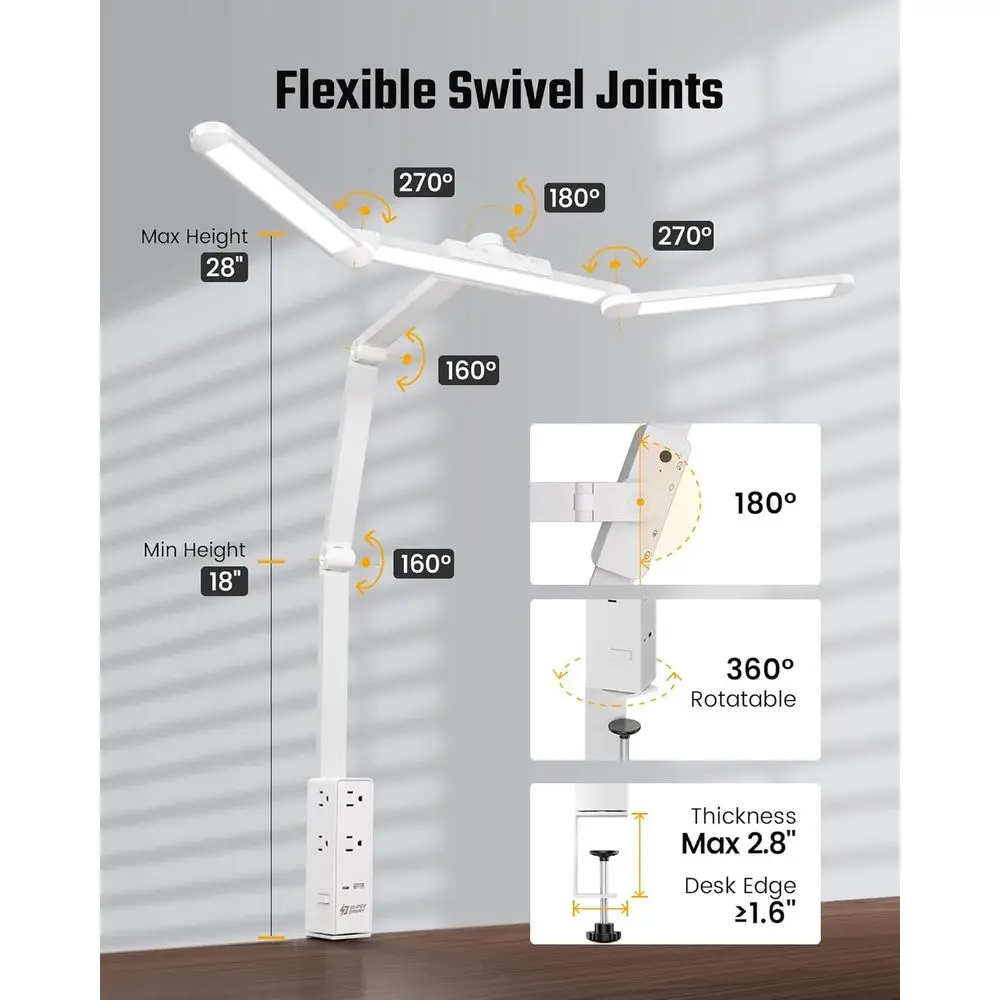 LED-klem bureaulamp met 6 stopcontacten, USB en Type-C, instelbare helderheid, 5 kleurmodi voor gebruik in thuiskantoor