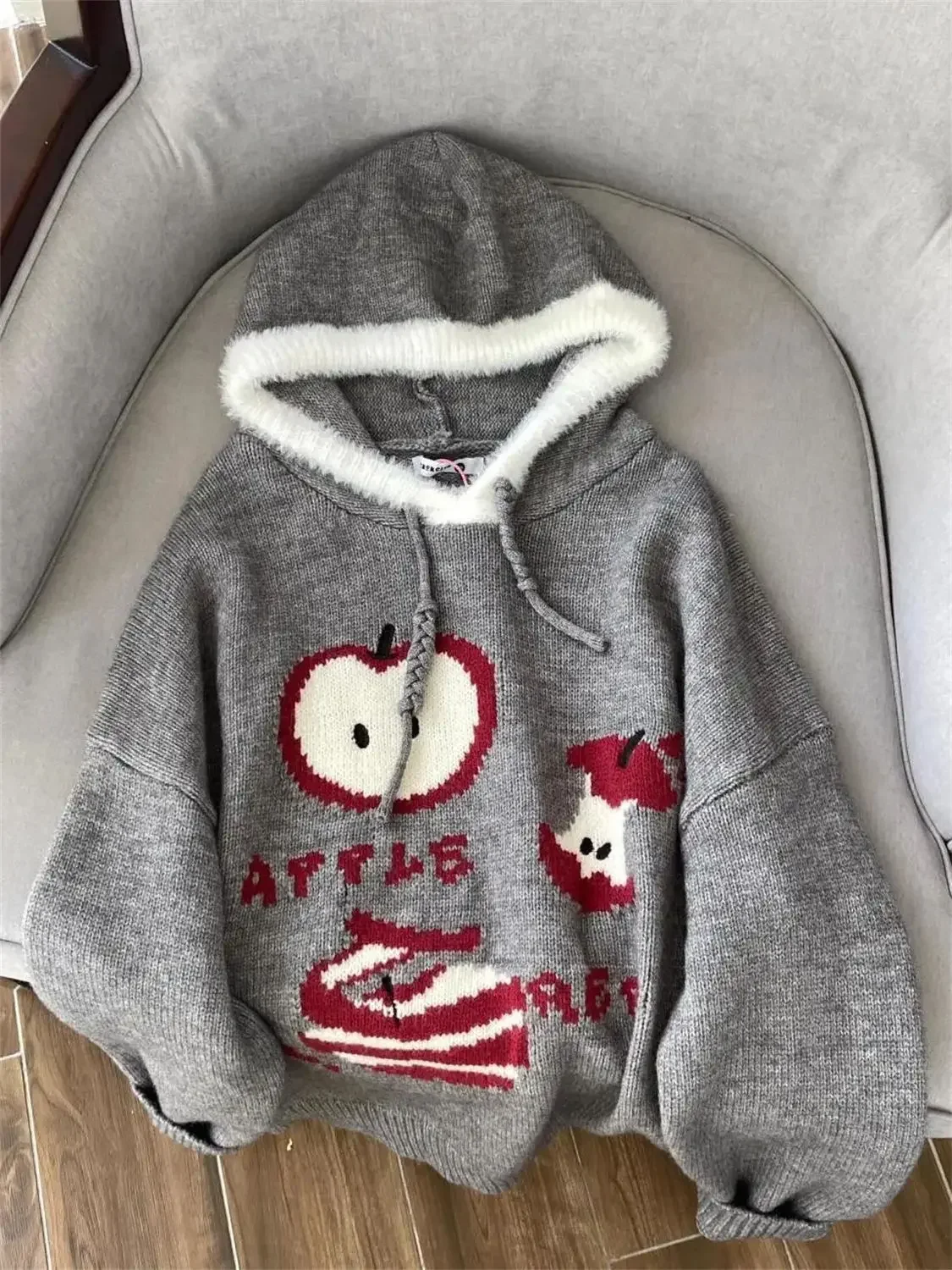 Atmósfera navideña, gorro de punto holgado y grueso para mujer, sudadera, suéter gris, Otoño Invierno, estilo perezoso, bordado de manzana