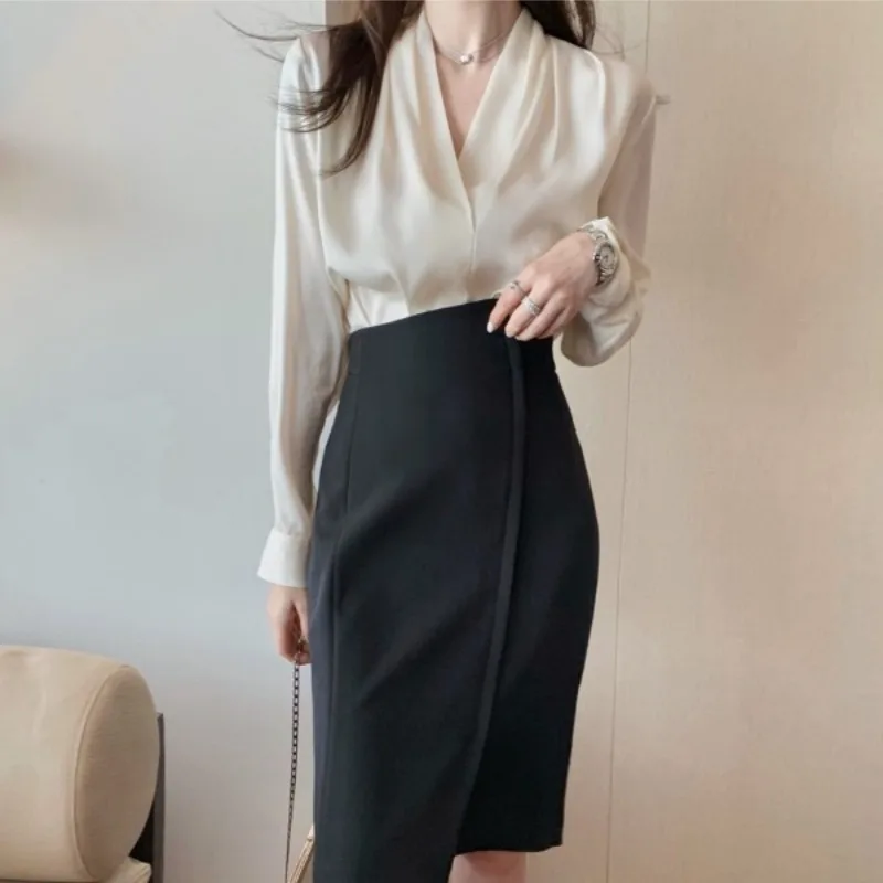 

Office Lady Women's Blouses Satin Solid Color Vintage Shirts Fashion Loose V-Neck Spring/Summer Clothing Long Sleeve Women Tops