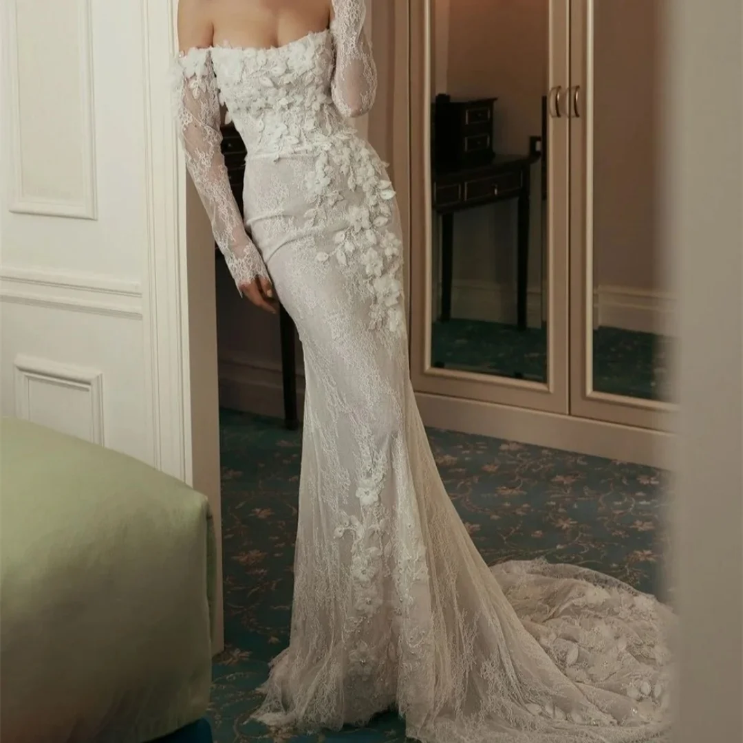 فستان زفاف مخصص 2026 مطرز بالزهور مع أكمام كاملة بدون أكتاف حورية البحر فستان زفاف طويل بدون حمالات دانتيل فيستدوس دي نوفيا