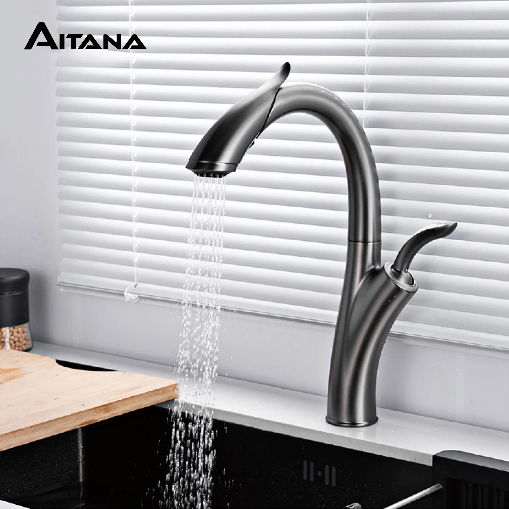 Plan de cuisine de luxe en laiton noir, design coulissant, poignée unique pour eau chaude et froide, 2 fonctions, évier moderne