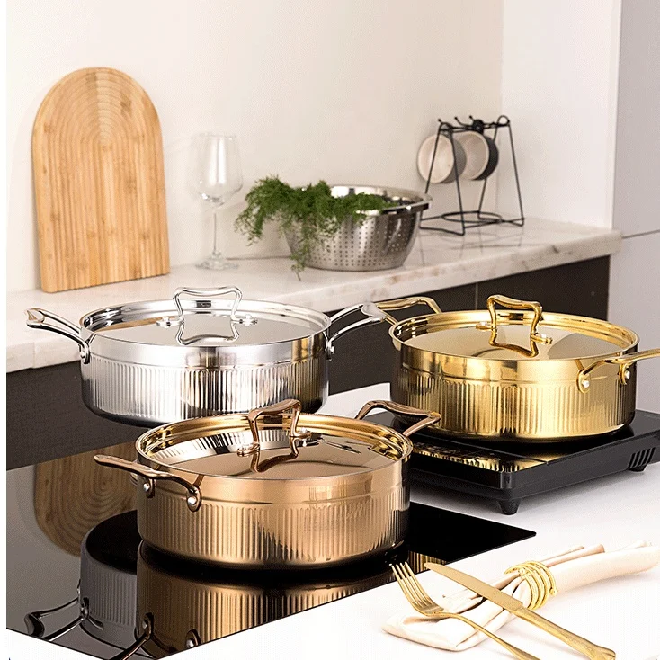 Three Layer Stainless Steel Cookware Set Luxury Design Hot Pot Saucepan Induction Compatible European Retro Style Soup Pot