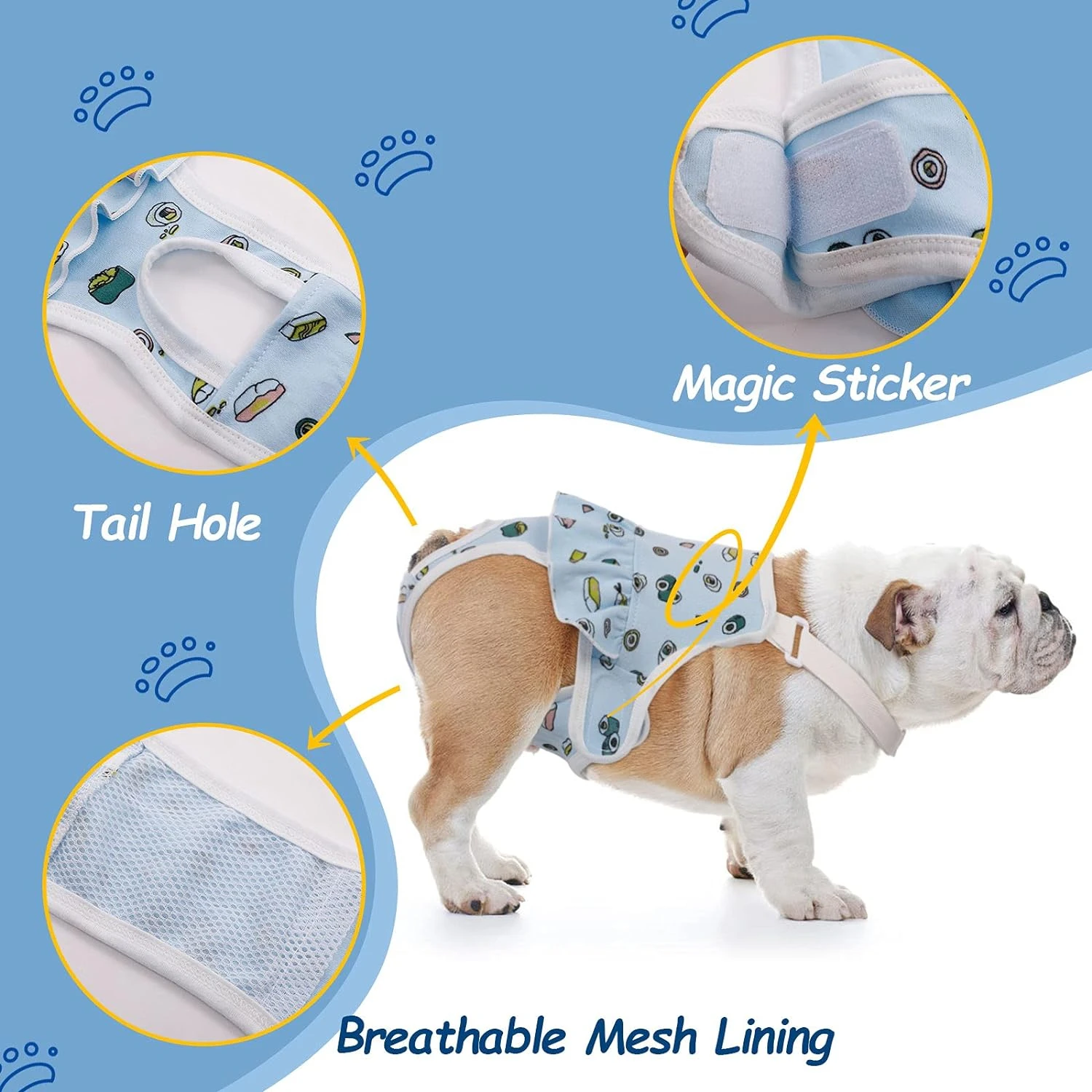 Comfortable Adjustable Washable Female Dog Diapers with Suspender for French Bulldog - Reusable Sanitary Pet Panties for Heat Cy