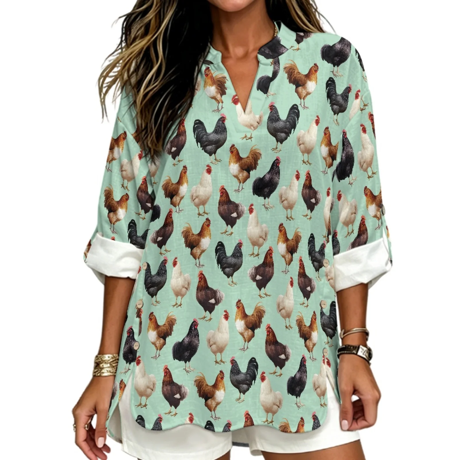 PENSTROLL Rooster Theme Linen Like Long Sleeve Tops Loose Loose Fit Blouses for Women Sizes S-5XL