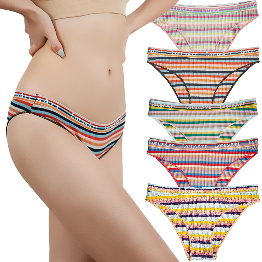 Women Sexy Panties Girls Cotton Rainbow Stripped Briefs Student Breathable Soft Sport Underpants Ladies Low-Rise Waist Underwear