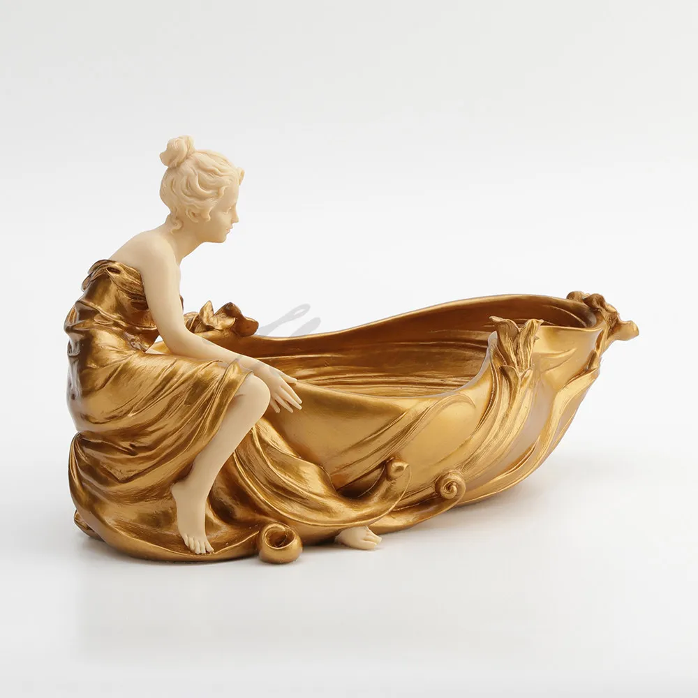 Vintage Gilded Reclining Lady Figurine Storage Bowl Wave Floral Resin Catchall Tray for Fruit Candy Jewelry Keys Home Room Decor