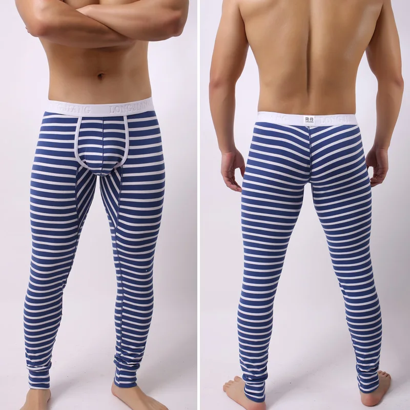 Men's Thermal Underwear Bottoms Sexy Long Johns Warm Cotton Underwear Bulge Penis Pouch Low Rise Men Leggings Man Striped Lounge