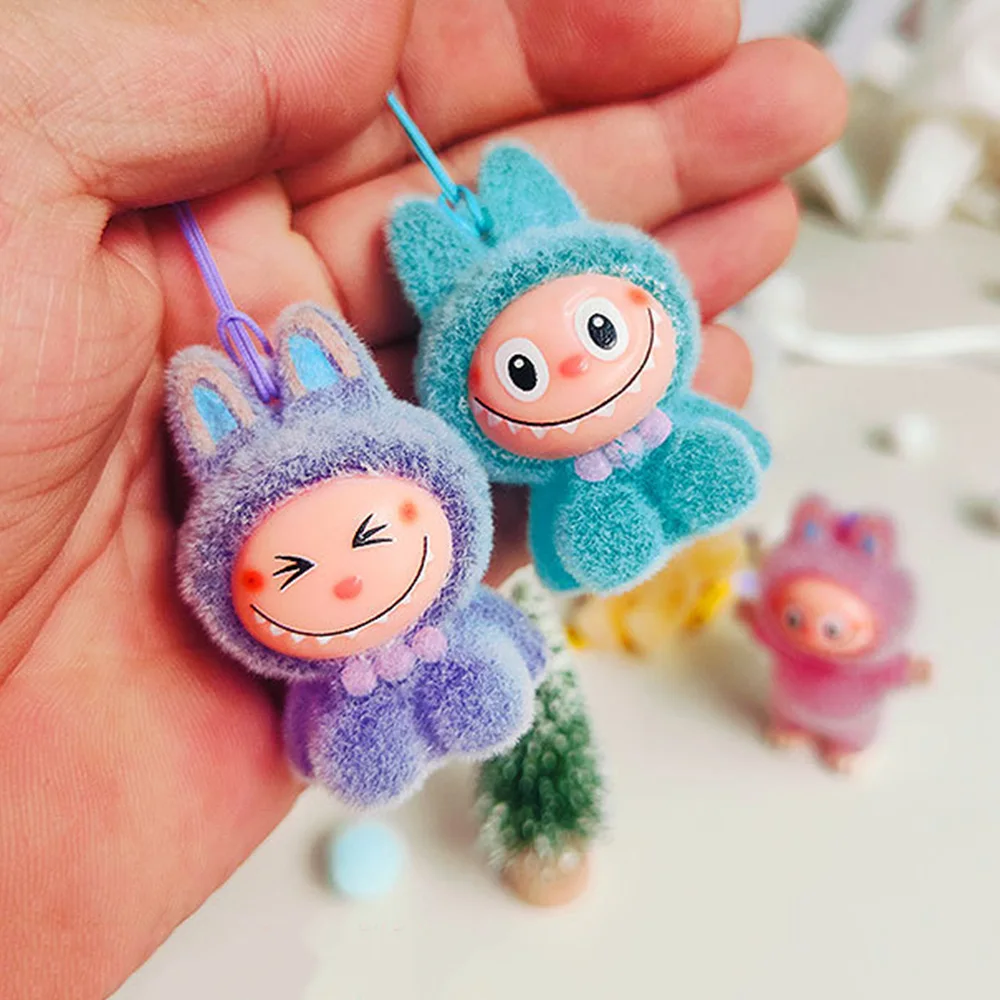 

4.8CM Labubu Flocking Doll Blind Box Kawaii Pop Mart Model Figure Pendant Car Keyrings Accessories Toys Keychains Ornament Gifts