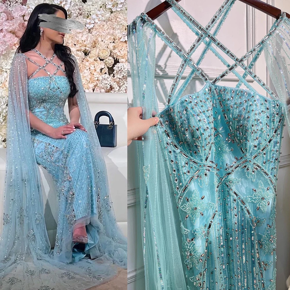 SERENE HILL Customized Arabic Blue Mermaid Elegant Cape Sleeves Beaded Luxury Evening Dress Gown 2025 For Women Party CLA71905