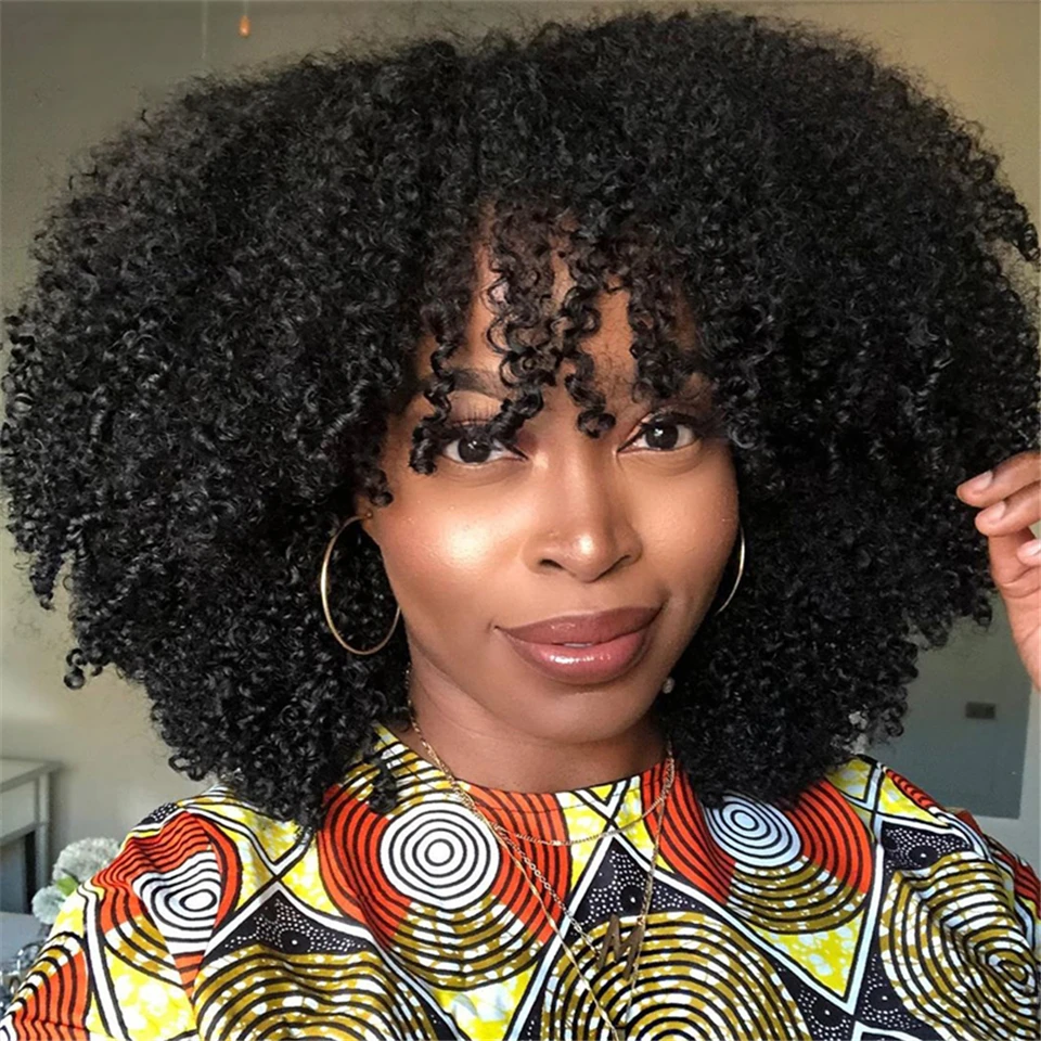 

Mongolian Afro Kinky Curly Human Hair Wigs with Bangs Short Brazilian Remy Human Hair Machine Made Wigs for Black Women Glueless