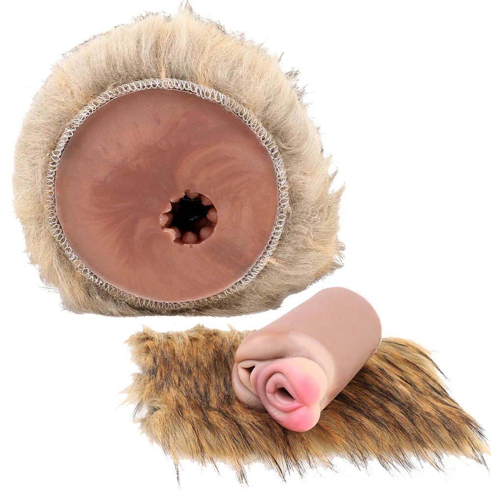 GEEBA Premium Brown Furry Male Stroker Body-Safe Silicone Onahole With Realistic Artificial Fur Dual Channel Male Masturbator