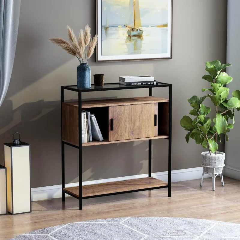 

Entryway Console Table with Glass Top, Coffee Bar with Open Shelf, Buffet Sideboard Cabinet for Hallway, Entrance