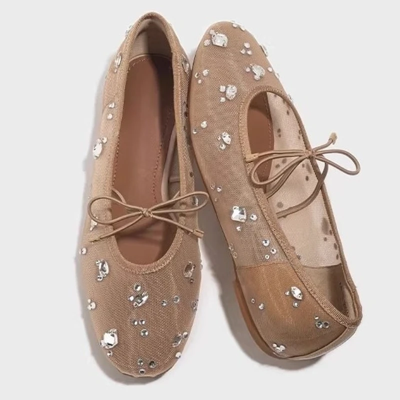 

Роскошные сетчатые сандалии с бриллиантами, женские дышащие пляжные туфли Мэри Джейн с кристаллами, женские удобные летние новые балетки на плоской подошве