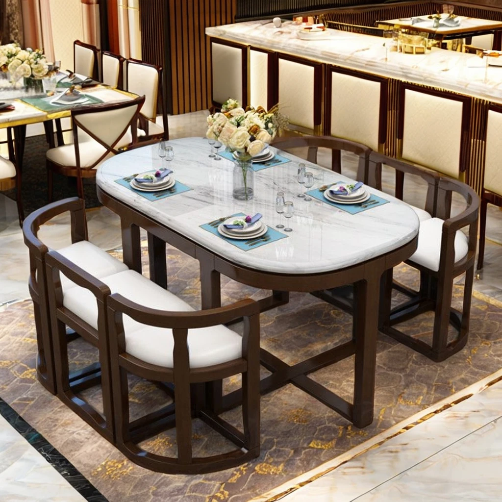 

Modern Square Marble Dining Table With Solid Wood Chair Invisible Simple Design for Kitchen or Hall Use