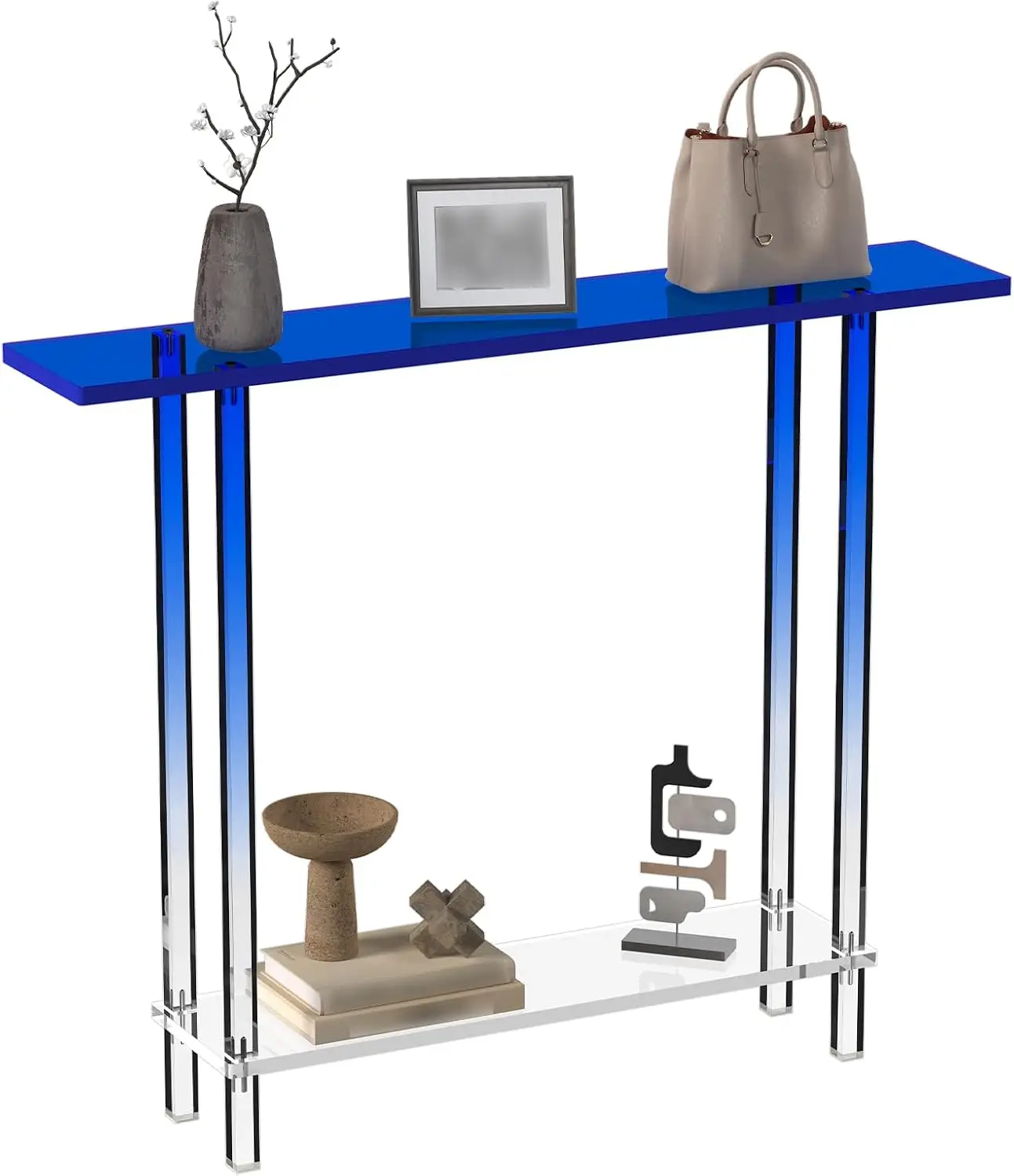 Hmyhum Narrow Acrylic Console Table, With Transparent Gradient Blue Square Legs, 7.6 Width, 2-Tier Clear Entryway Table For