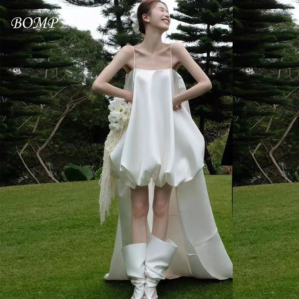 

BOMP Simple Hi-Lo Wedding Party Dress Spaghetti Straps Draped Sweep Train Satin Korea Photo Shoot Bridal Reception Gown Custom