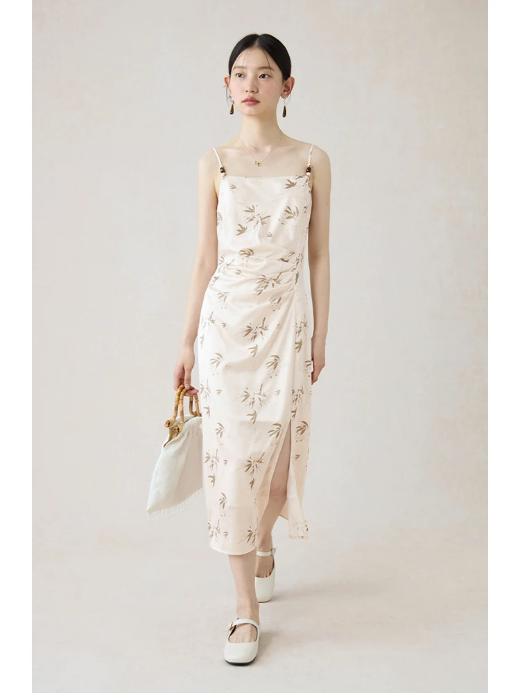 ZIQIAO New Chinese Style Floral Female Summer Strap Dress 2024 New Design Romantic Pleated Slim Long Dress For Women 24ZQ92029