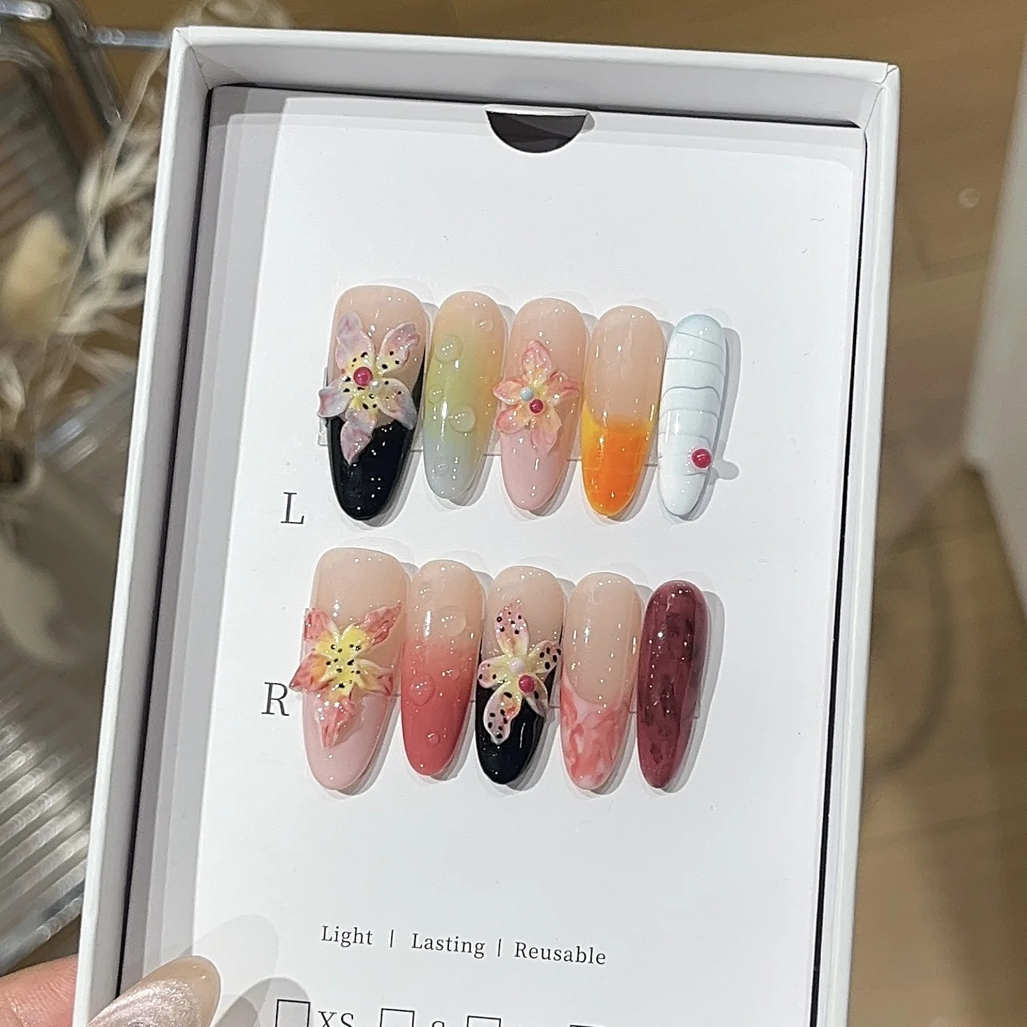 10 Uds. De uñas postizas 3D hechas a mano con gradiente de Color y uñas postizas borrosas, uñas largas ovaladas desmontables
